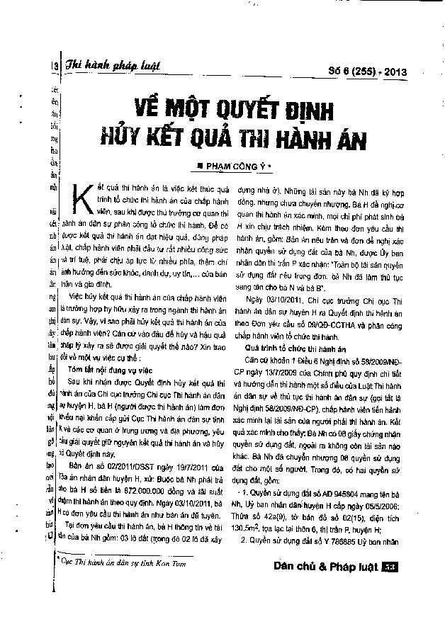Về một quyết định hủy kết quả thi hành án