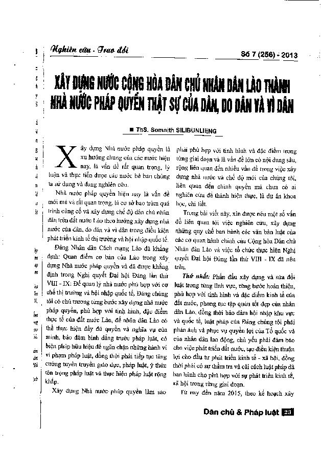 Xây dựng nước Cộng hòa dân chủ nhân dân Lào thành nhà nước pháp quyền thật sự của dân, do dân và vì dân