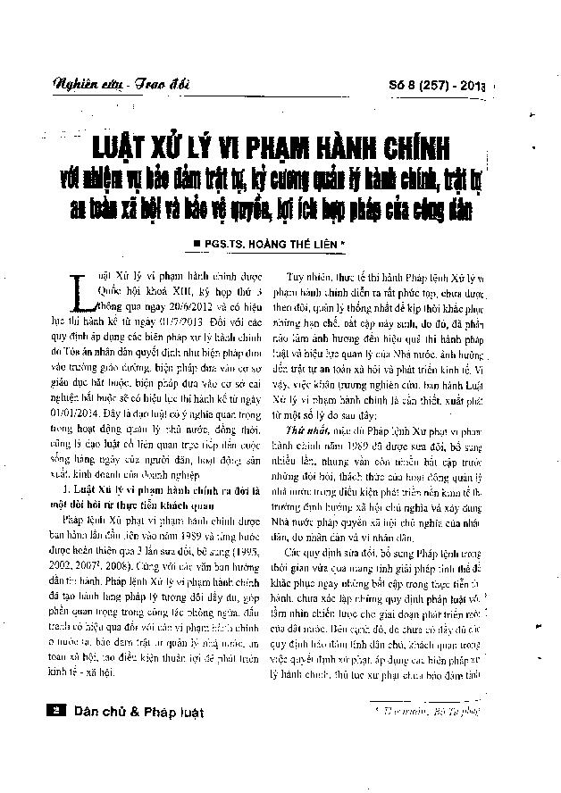 Luật xử lý vi phạm hành chính với nhiệm vụ bảo đảm trật tự, kỷ cương quản lý hành chính, trật tự an toàn xã hội và bảo vệ quyền, lợi ích hợp pháp của công dân