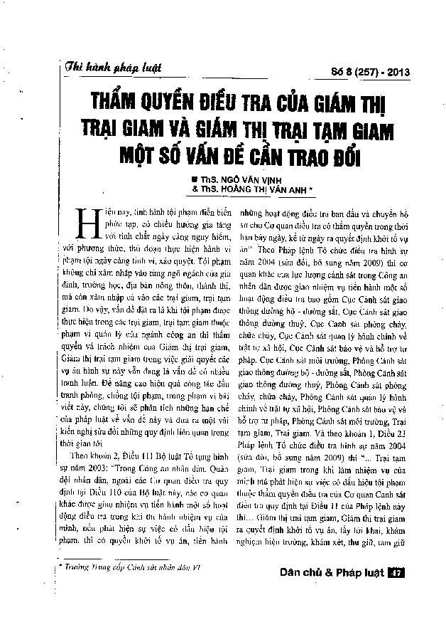 Thẩm quyền điều tra của giám thị trại giam và giám thị trại tạm giam- Một số vấn đề cần trao đổi