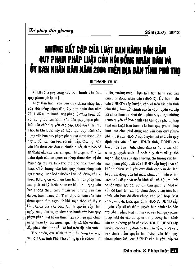 Những bất cập của luật ban hành văn bản quy phạm pháp luật của Hội đồng nhân dân và Ủy ban nhân dân năm 2004 trên địa bàn tỉnh Phú Thọ