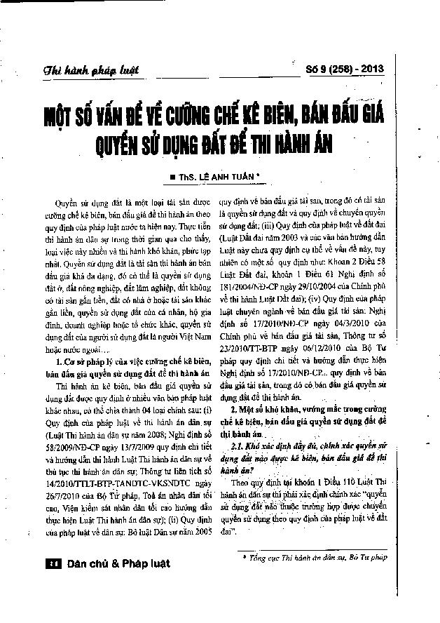 Một số vấn đề về cưỡng chế kê biên, bàn đấu giá quyền sử dụng đất để thi hành án