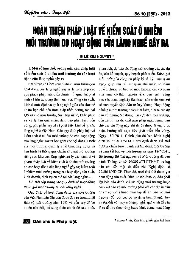 Hoàn thiện pháp luật về kiểm soát ô nhiễm môi trường do hoạt động của làng nghề gây ra