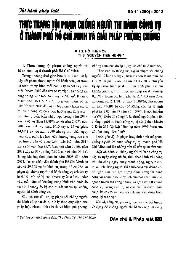 Thực trạng tội phạm chống người thi hành công vụ ở thành phố Hồ Chí Minh và giải pháp phòng chống