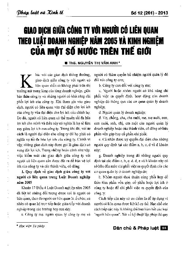 Giao dịch giữa công ty với người có liên quan theo luật doanh nghiệp năm 2005 và kinh nghiệm của một số nước trên thế giới