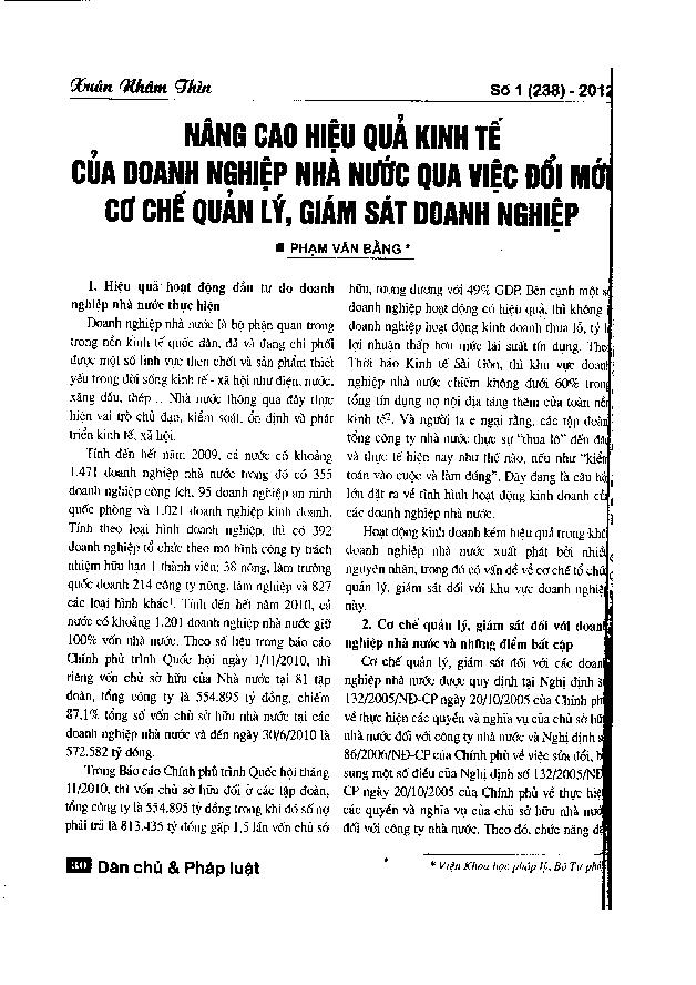 Nâng cao hiệu quả kinh tế của doanh nghiệp nhà nước qua việc đổi mới cơ chế quản lý, giám sát doanh nghiệp