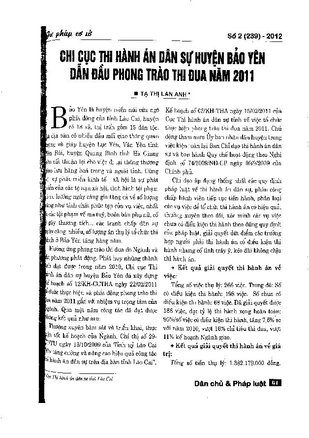 Chi cục thi hành án Dân sự Huyện Bảo Yên dẫn đầu phong trào thi đua năm 2011