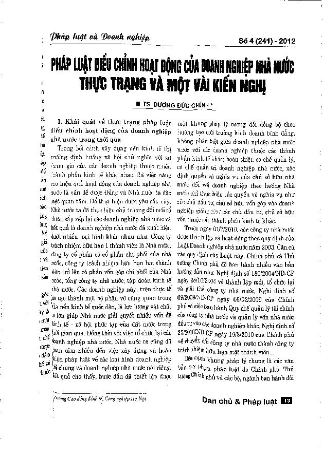 Pháp luật điều chỉnh hoạt động của doanh nghiệp nhà nước thực trạng và một vài kiến nghị