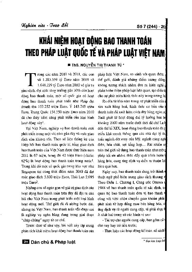 Khái niệm hoạt động bao thanh toán theo pháp luật quốc tế và pháp luật Việt Nam