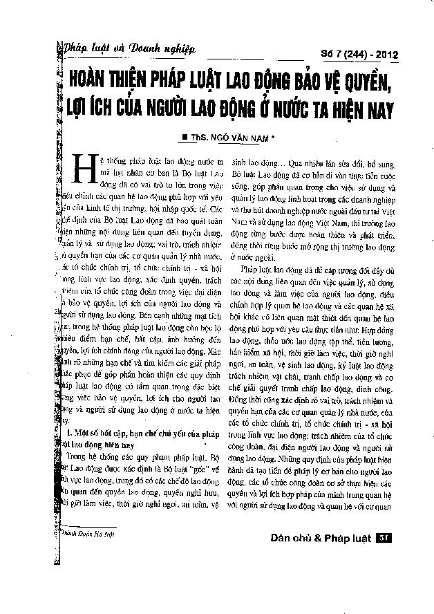 Hoàn thiện pháp luật lao động bảo vệ quyền, lợi ích của người lao động ở nước ta hiện nay