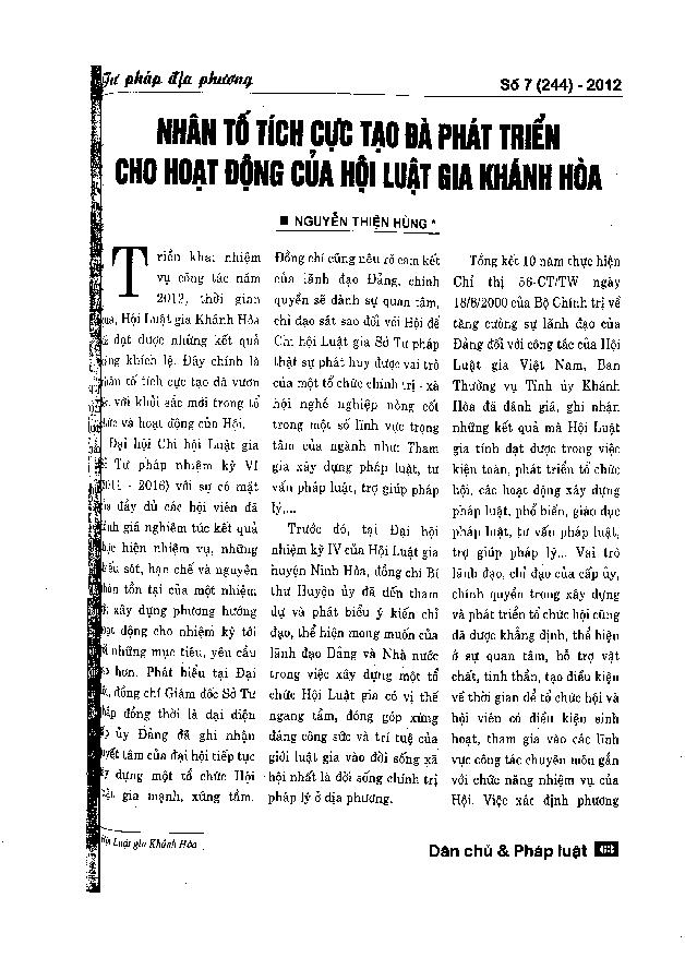 Nhân tố tích cực tạo đà phát triển cho hoạt động của hội luật gia Khánh Hòa