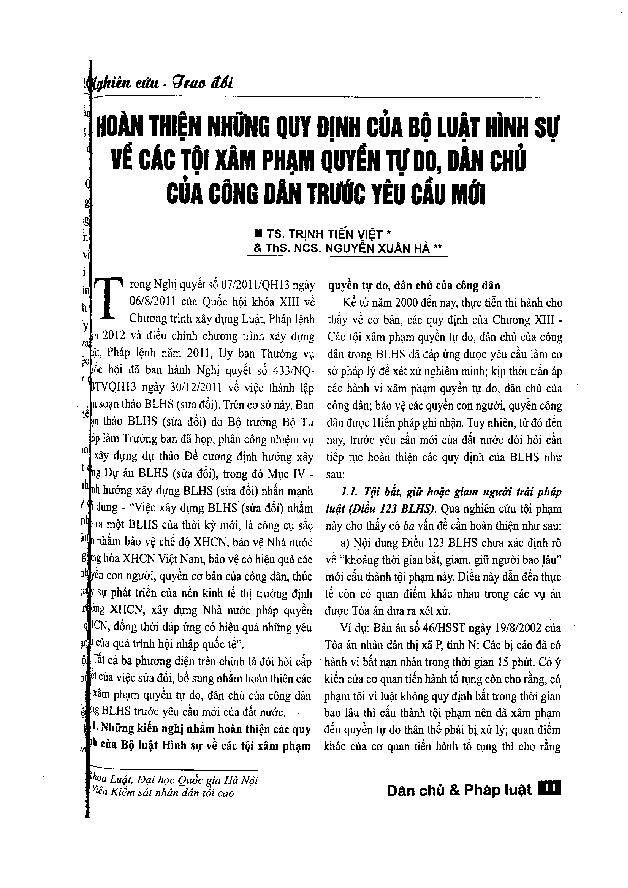 Hoàn thiện những quy định của bộ luật hình sự về các tội xâm phạm quyền tự do, dân chủ của công dân trước yêu cầu mới