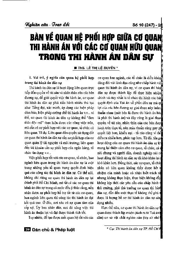 Bàn về quan hệ phối hợp giữa cơ quan thi hành án với các cơ quan hữu quan trong thi hành án dân sự