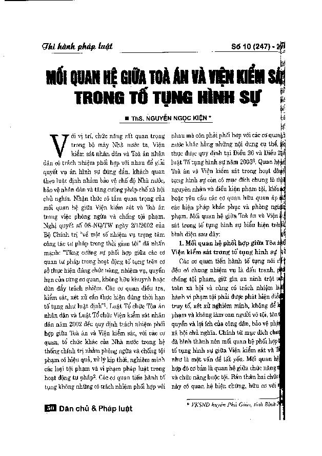 Mối quan hệ giữa tòa án và viện kiểm sát trong tố tụng hình sự