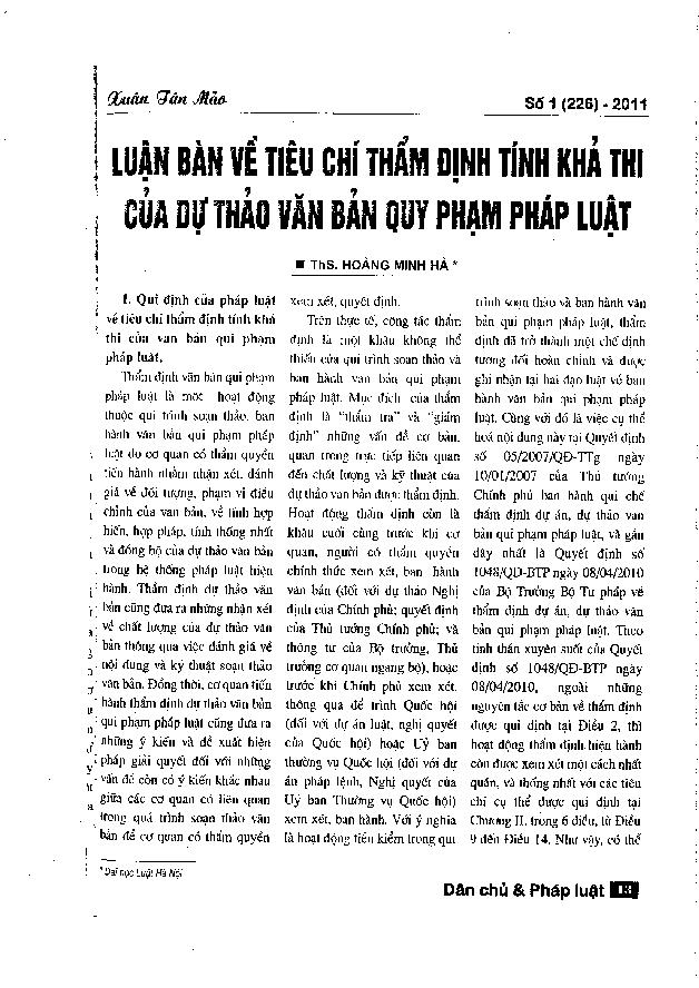 Luận bàn về tiêu chí thẩm định tính khả thi của dự thảo văn bản quy phạm pháp luật