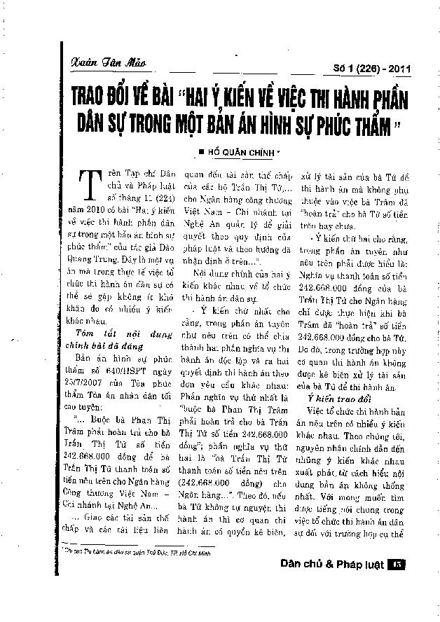 Trao đổi về bài "Hai ý kiến về việc thi hành phần dân sự trong một bản án hình sự phúc thẩm"