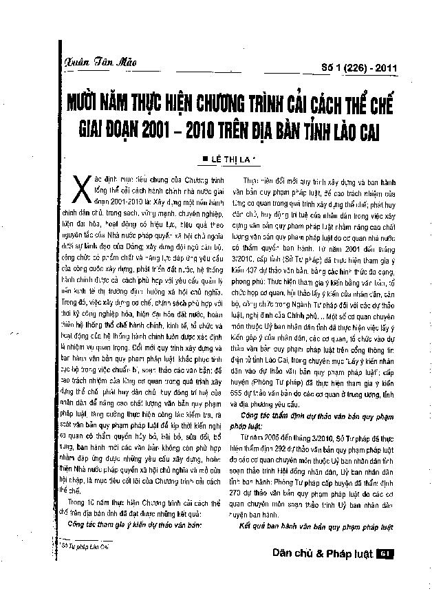 Mười năm thực hiện chương trình cải cách thể chế giai đoạn 2001 - 2010 trên địa bàn tỉnh Lào Cai