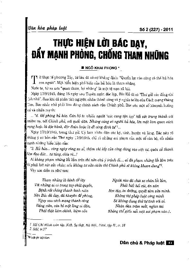 Thực hiện lời Bác dạy, thực hiện phòng, chống tham nhũng