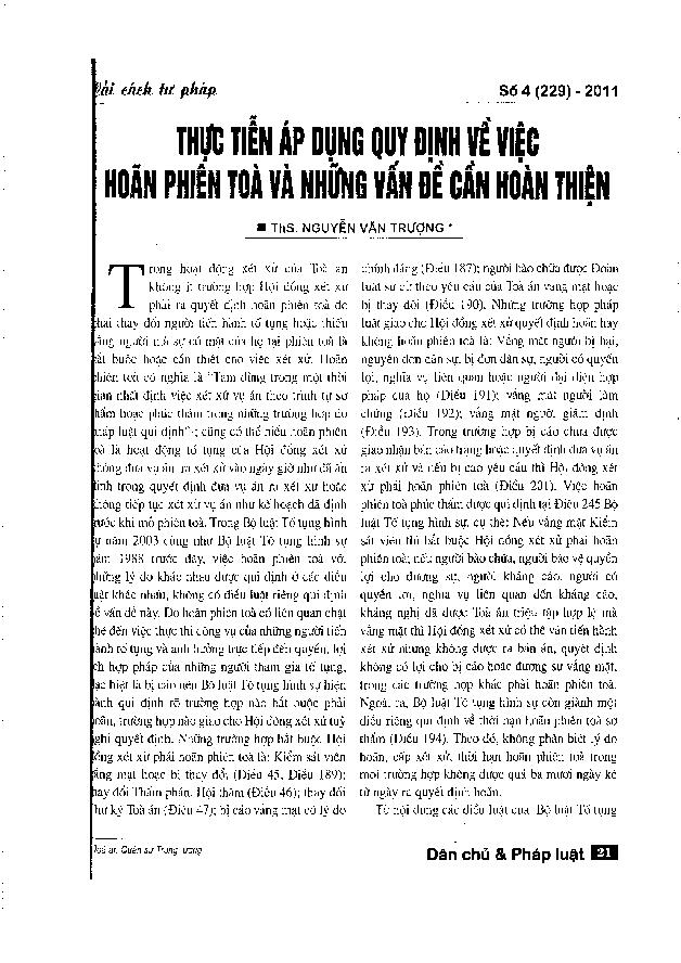 Thực tiễn áp dụng quy định về việc hoãn phiên toà và những vấn đề cần hoàn thiện