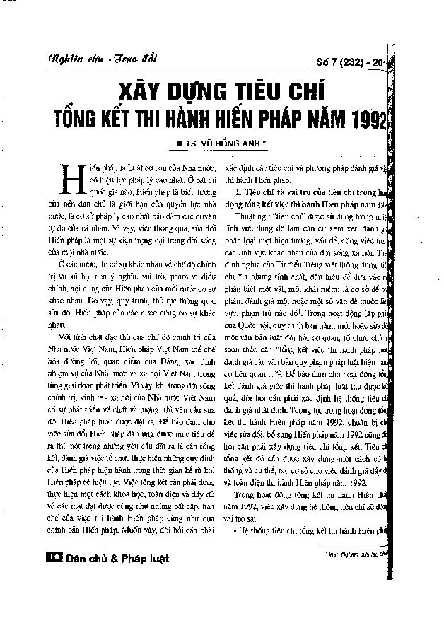 Xây dựng tiêu chí tổng kết thi hành Hiến pháp 1992