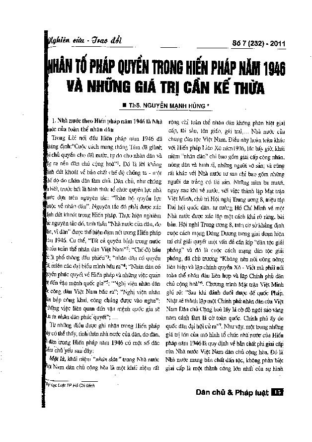 Nhân tố pháp quyền trong hiến pháp năm 1946 và những giá trị cần kế thừa