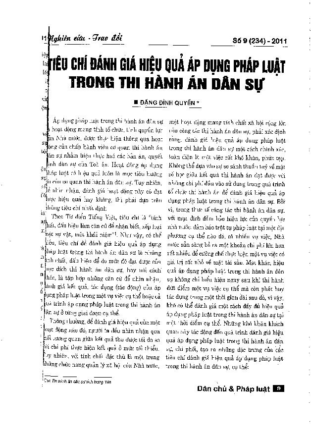 Tiêu chí đánh giá hiệu quả áp dụng pháp luật trong thi hành án dân sự