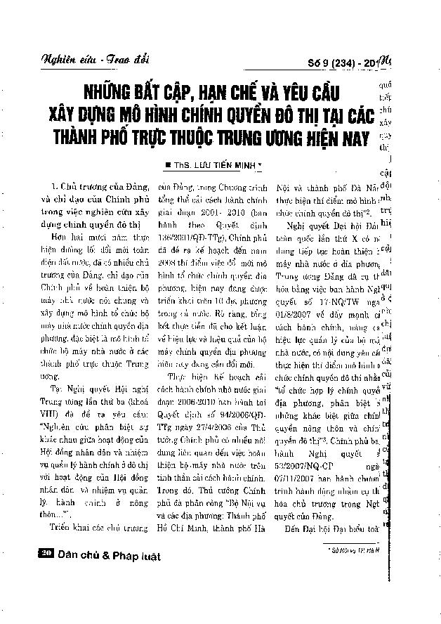 Những bất cập, hạn chế và yêu cầu xây dựng mô hình chính quyền đô thị tại các thành phố trực thuộc trung ương hiện nay