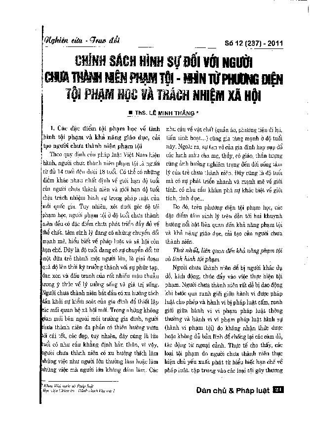 Chính sách hình sự đối với người chưa thành niên phạm tội - Nhìn từ phương diện tội phạm học và trách nhiệm xã hội