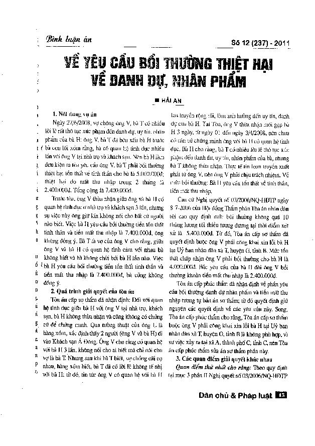 Về yêu cầu bồi thường thiệt hại về danh dự, nhân phẩm