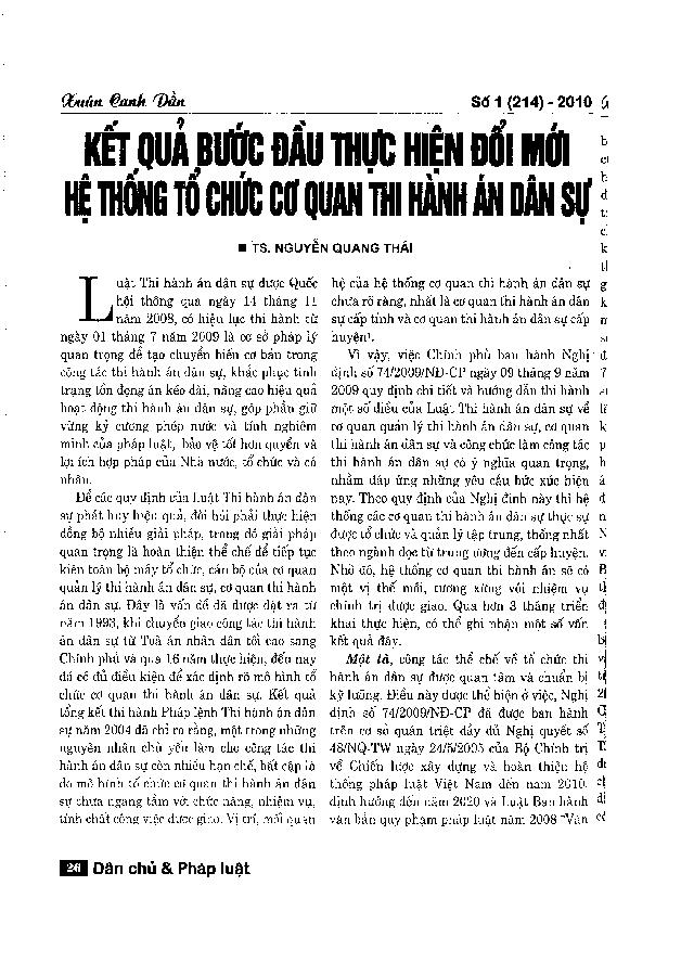 Kết quả bước đầu thực hiện đổi mới hệ thống tổ chức cơ quan thi hành án dân sự