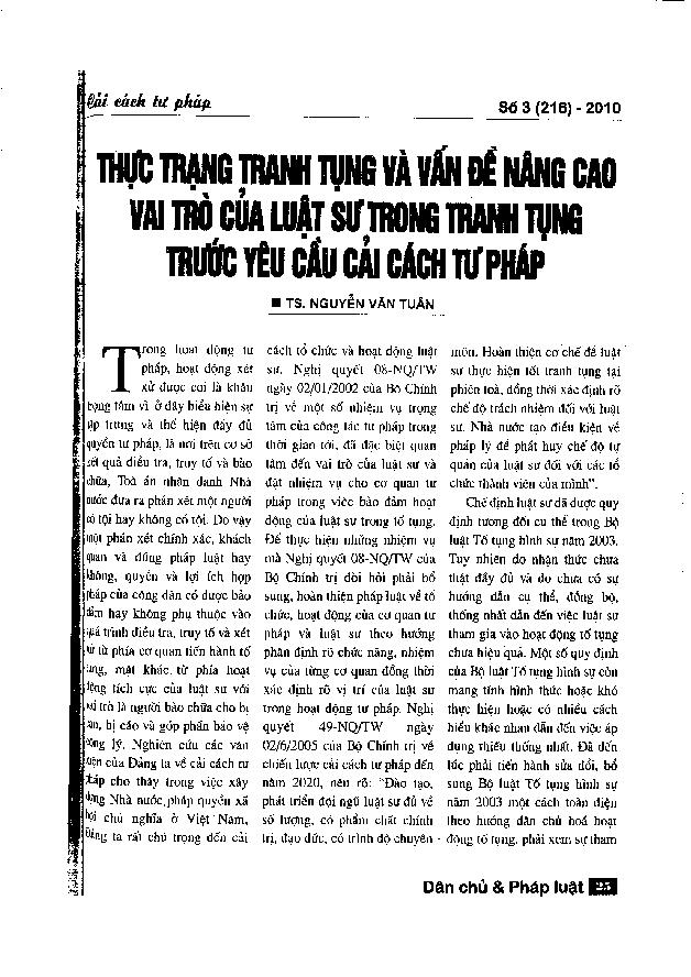 Thực trạng tranh tụng và vấn đề nâng cao vai trò của luật sư trong tranh tụng trước yêu cầu cải cách tư pháp