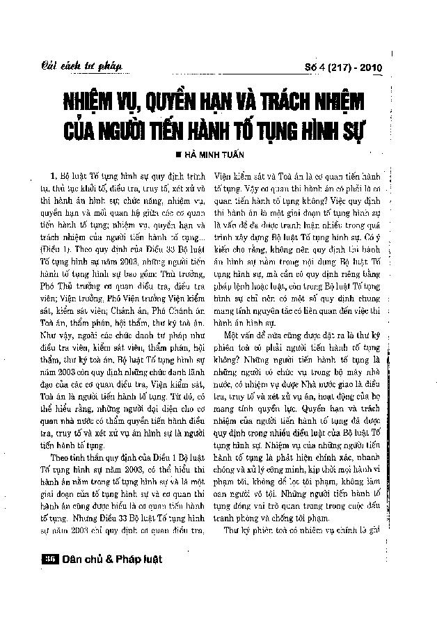 Nhiệm vụ, quyền hạn và trách nhiệm của người tiến hành tố tụng hình sự