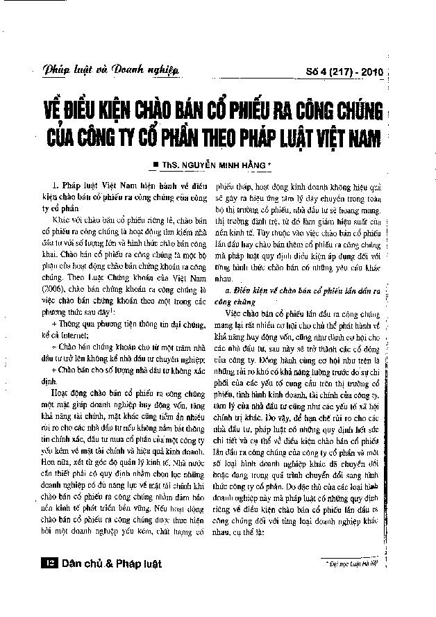 Về điều kiện chào bán cổ phiếu ra công chúng của công ty cổ phần theo pháp luật Việt Nam