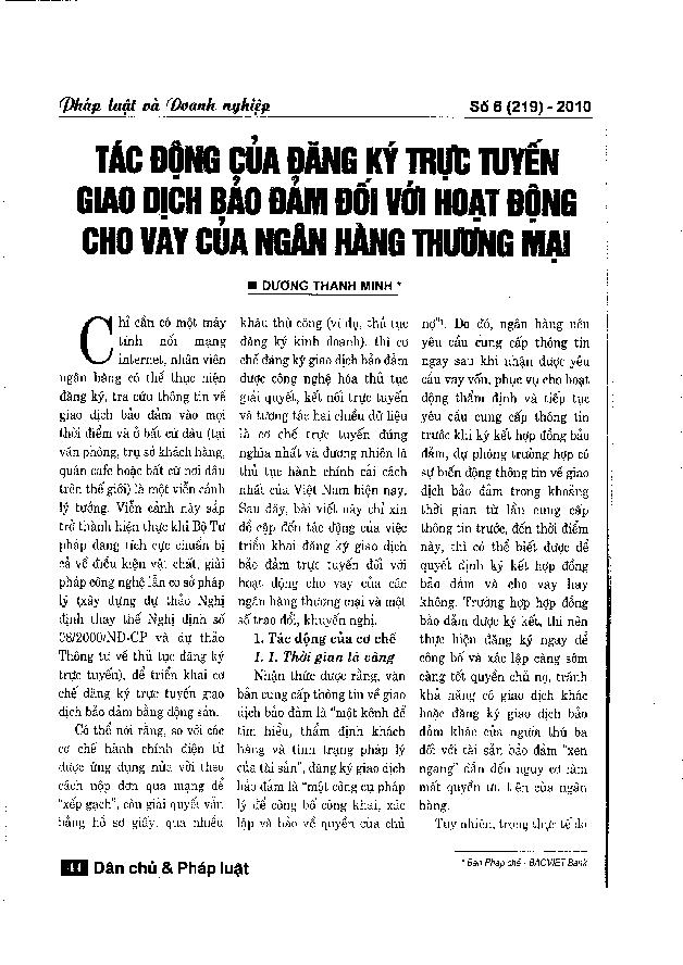 Tác động của đăng ký trực tuyến giao dịch bảo đảm đối với hoạt động cho vay của ngân hàng thương mại