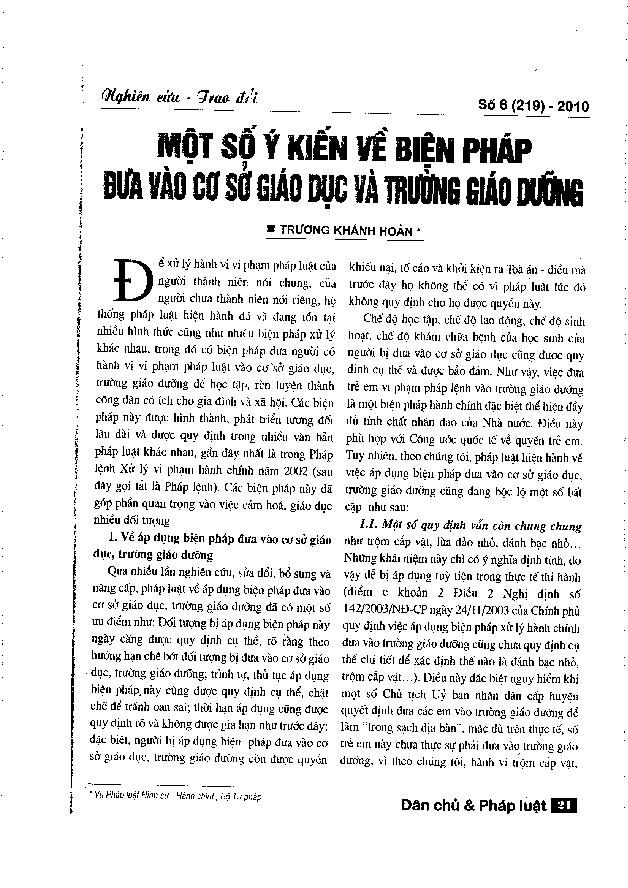 Một số ý kiến về biện pháp đưa vào cơ sở giáo dục và trường giáo dưỡng