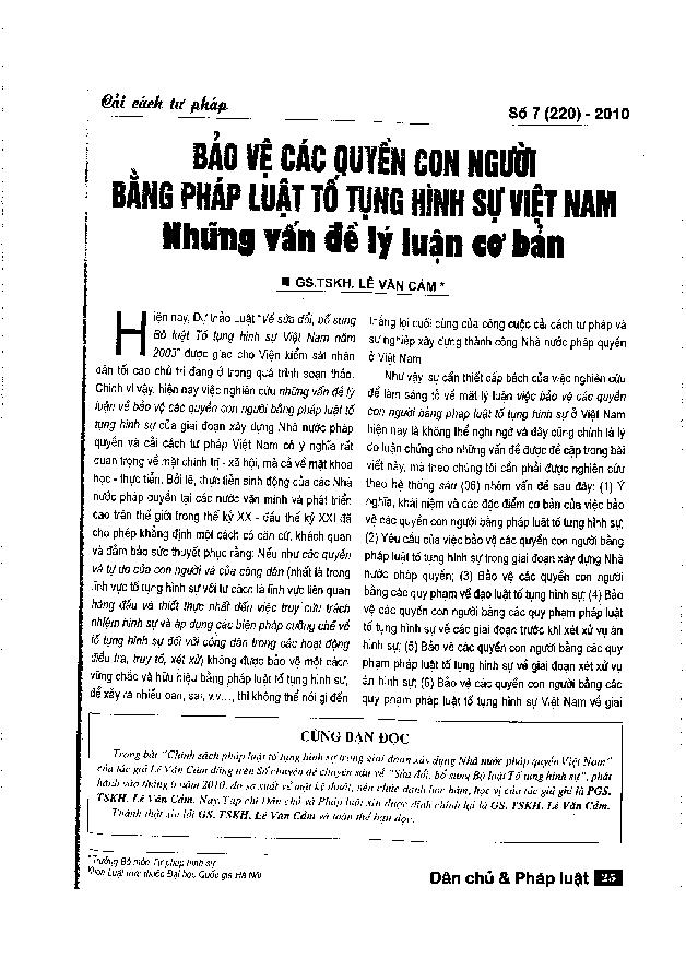 Bảo vệ các quyền con người bằng pháp luật tố tụng hình sự Việt Nam: Những vấn đề lý luận cơ bản