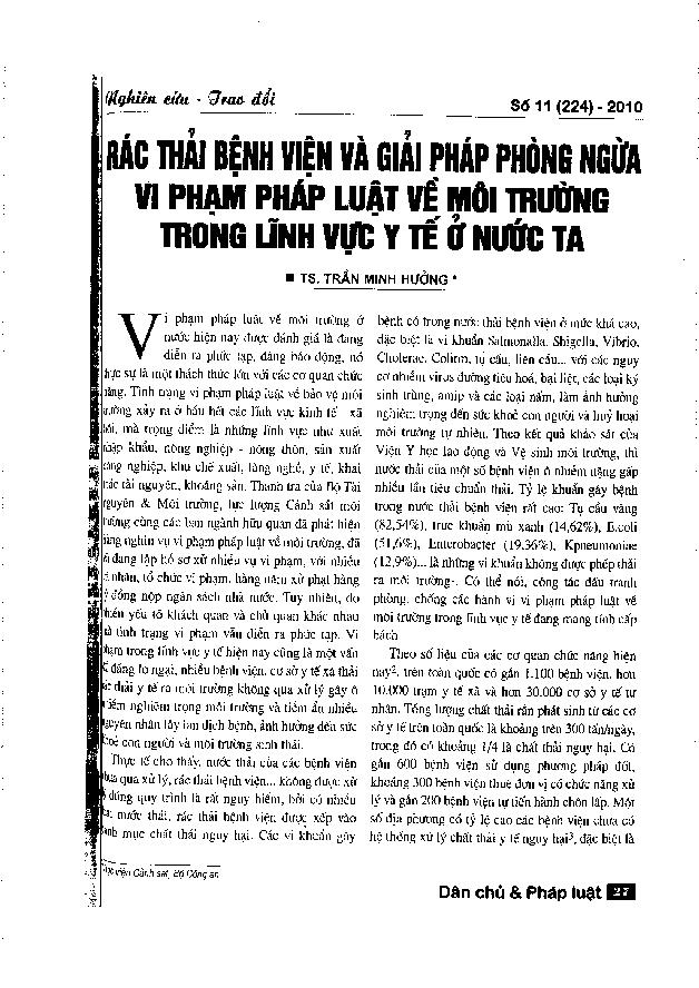 Rác thải bệnh viện và giải pháp phòng ngừa vi phạm pháp luật về môi trường trong lĩnh vực y tế ở nước ta