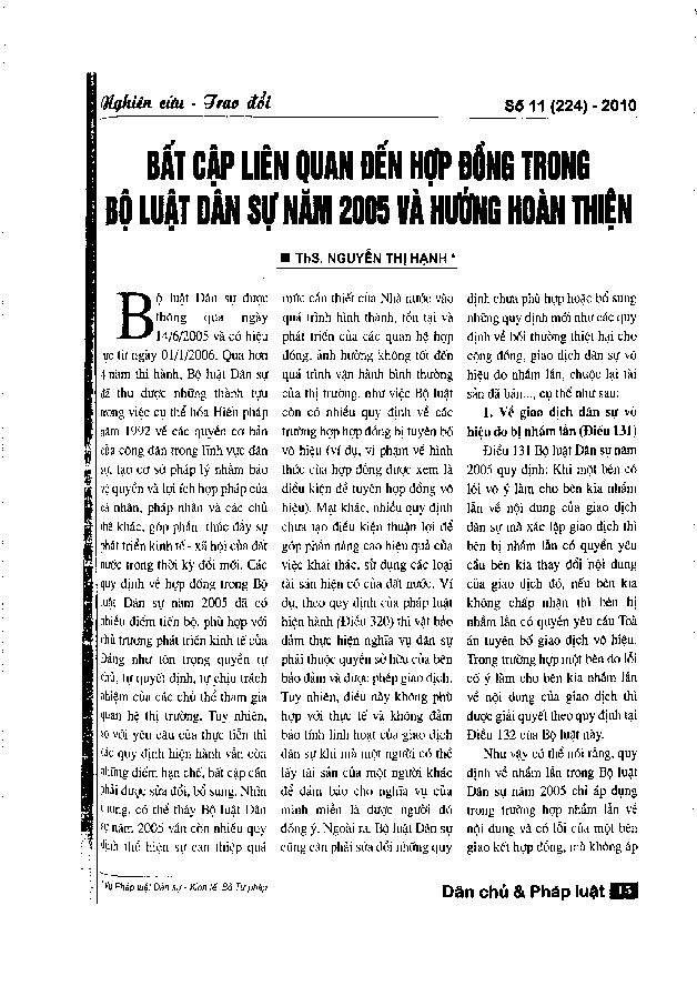 Bất cập liên quan đến hợp đồng trong Bộ luật dân sự năm 2005 và hướng hoàn thiện