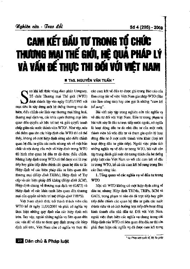Cam kết đầu tư trong tổ chức thương mại thế giới, hệ quả pháp lý và vấn đề thực thi đối với Việt Nam