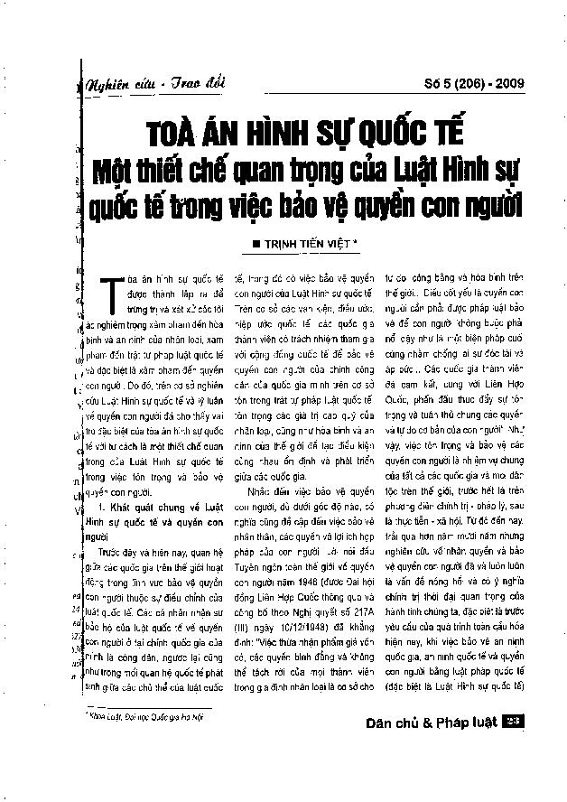 Tòa án hình sự quốc tế một thiết chế quan trọng của luật hình sự quốc tế trong việc bảo vệ quyền con người