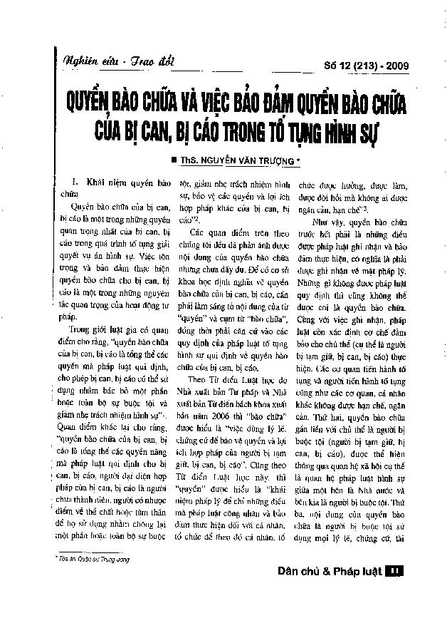 Quyền bào chữa và việc bảo đảm quyền bào chữa của bị can, bị cáo trong tố tụng hình sự