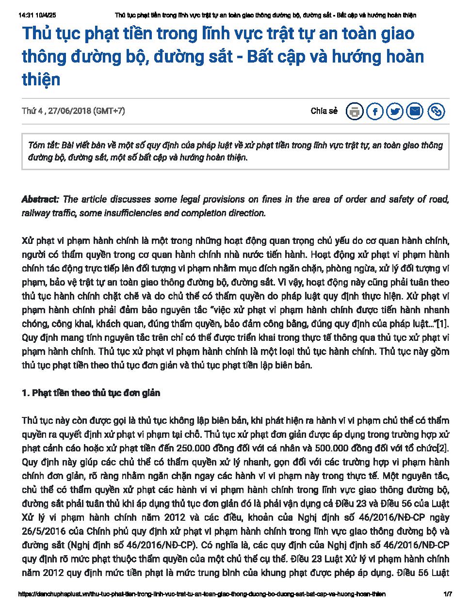 Thủ tục phạt tiền trong lĩnh vực an toàn giao thông đường bộ, đường sắt - Bất cập và hướng hoàn thiện