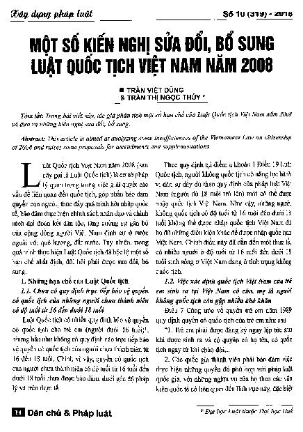 Một số kiến nghị sửa đổi, bổ sung Luật Quốc tịch Việt Nam năm 2008