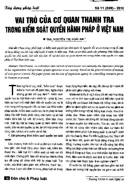 Vai trò của cơ quan thanh tra trong kiểm soát quyền hành pháp ở Việt Nam 