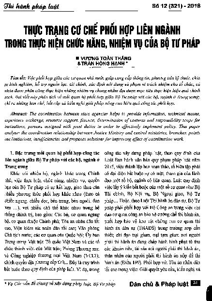 Thực trạng cơ chế phối hợp liên ngành trong thực hiện chức năng, nhiệm vụ của Bộ Tư pháp