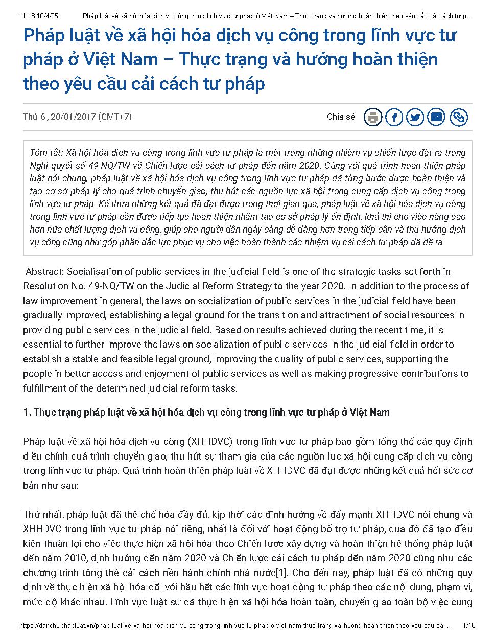 Pháp luật về xã hội hóa dịch vụ công trong lĩnh vực tư pháp ở Việt Nam: Thực trạng và hướng hoàn thiện theo yêu cầu cải cách tư pháp