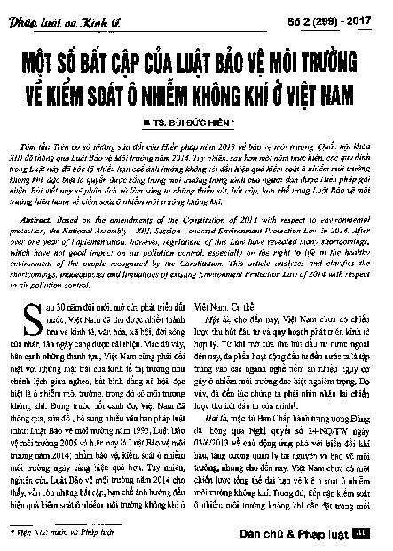 Một số bất cập của Luật Bảo vệ môi trường về kiểm soát ô nhiễm không khí ở Việt Nam