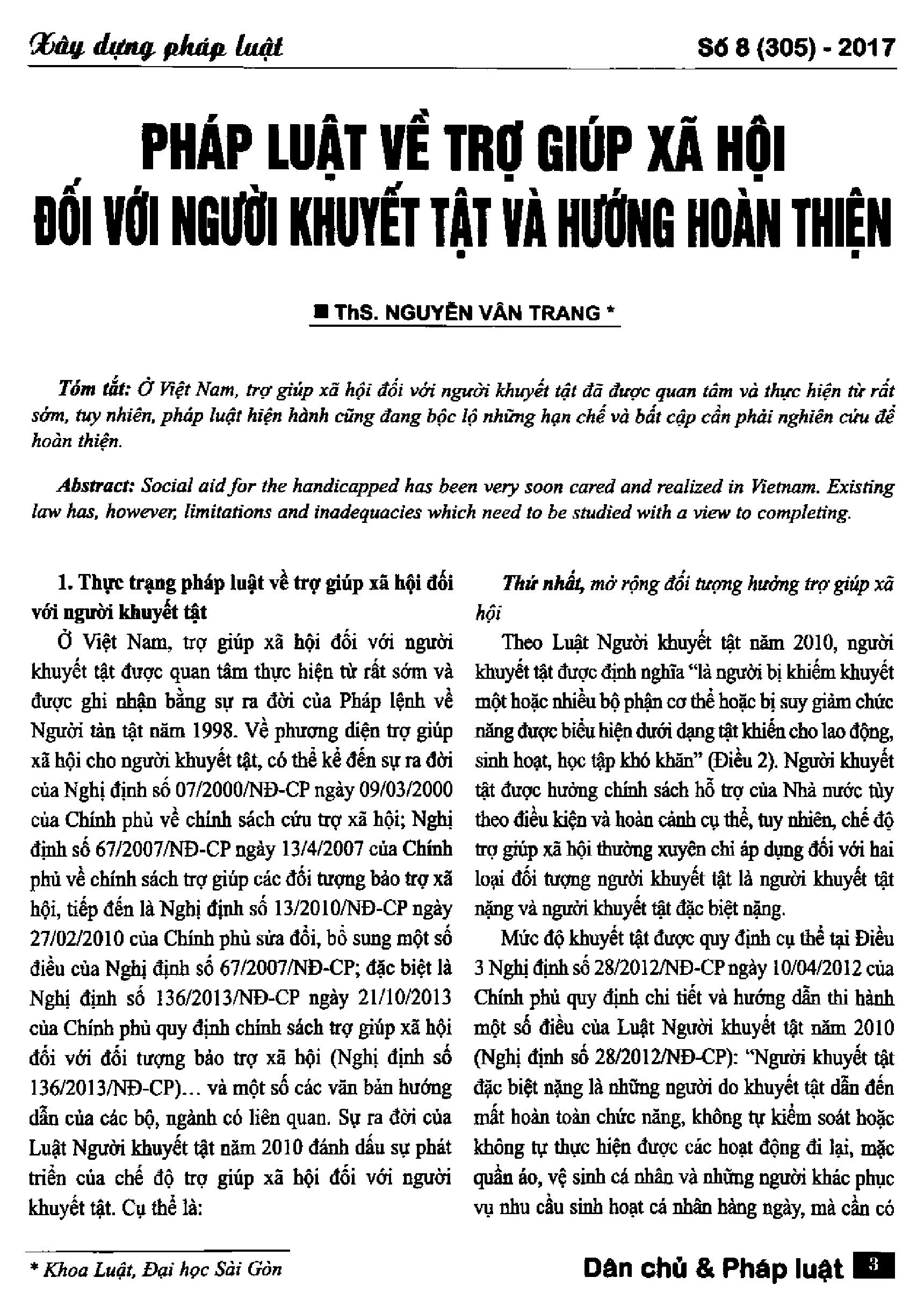 Pháp luật về trợ giúp xã hội đối với người khuyết tật và hướng hoàn thiện