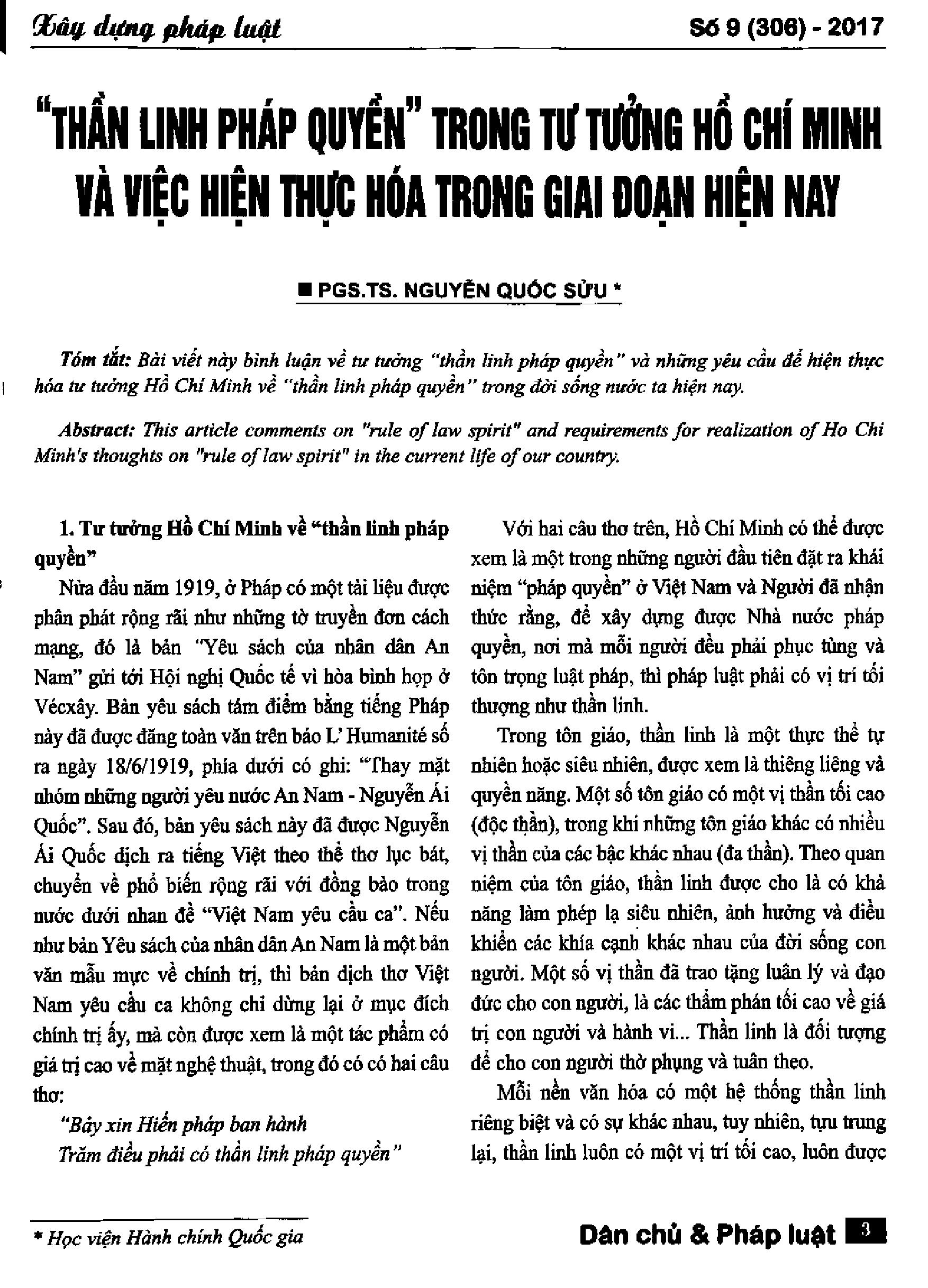 Thần linh pháp quyền trong tư tưởng Hồ Chí Minh và việc hiện thực hóa trong giai đoạn hiện nay