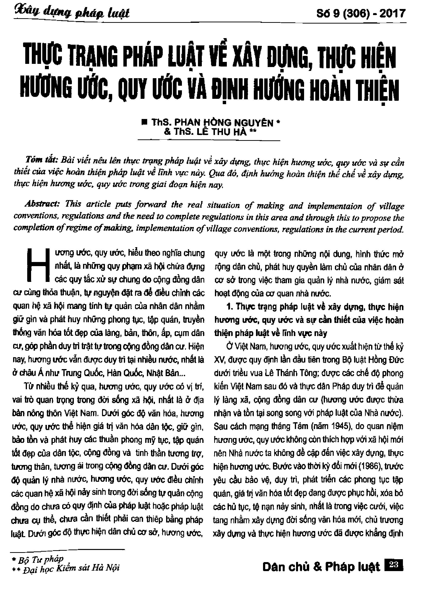Thực trạng pháp luật về xây dựng, thực hiện hương ước, quy ước và định hướng hoàn thiện